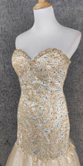 Light Champagne Mermaid Sweetheart Neck Beaded Tulle Long Ball Dresses Vintage Evening Dresses