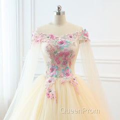 Light Champagne Off Shoulder Tulle With Flowers Formal Gown, Long Sweet 16 Dresses