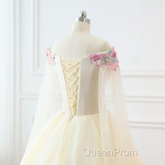 Light Champagne Off Shoulder Tulle With Flowers Formal Gown, Long Sweet 16 Dresses