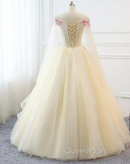 Light Champagne Off Shoulder Tulle With Flowers Formal Gown, Long Sweet 16 Dresses