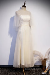 Light Champagne Short Sleeves Long Wedding Party Dresses, Cute Evening Prom Dresses