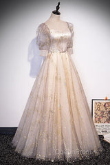 Light Champagne Short Sleeves Tulle Long Formal Dresses, A-Line Floor Length Party Dresses