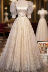 Light Champagne Short Sleeves Tulle Long Formal Dresses, A-Line Floor Length Party Dresses