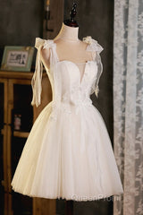 Light Champagne Spaghetti Strap Short Evening Prom Dresses, Cute A-Line Tulle Evening Party Dresses