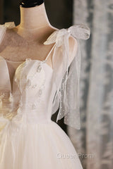 Light Champagne Spaghetti Strap Short Evening Prom Dresses, Cute A-Line Tulle Evening Party Dresses