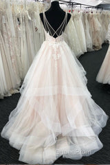 Light champagne tulle lace long Evening Prom Dresses, tulle evening Dresses
