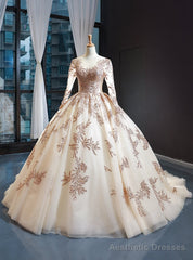 Light Champagne Tulle Sequins Appliques Long Sleeve Backless Prom Dress