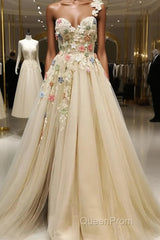 Light Champagne Tulle With Flowers Long Evening Dresses, A-Line Tulle Formal Dresses