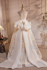 Light Champagne V-Neck Lace Long Evening Prom Dresses, A-Line Spaghetti Straps Backless Party Dresses With Bow