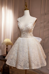Light Champagne V-Neck Lace Short Evening Prom Dresses, A-Line Spaghetti Straps Backless Party Dresses With Bow
