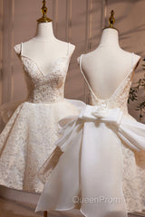 Light Champagne V-Neck Lace Short Evening Prom Dresses, A-Line Spaghetti Straps Backless Party Dresses With Bow