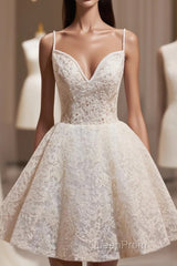 Light Champagne V-Neck Lace Short Evening Prom Dresses, A-Line Spaghetti Straps Backless Party Dresses With Bow