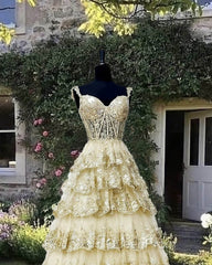 Light Gold Lace Ball Gown Dresses