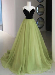 Light Green and Black Beaded Straps Long Party Dress, Green Tulle Evening Dress Prom Dress