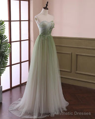 Light Green Gradient Tulle Long Formal Dress, Green Beaded Sweetheart Prom Dresses