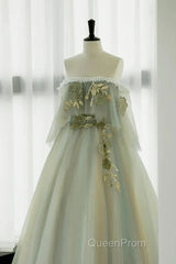 Light Green Off Shoulder Tulle Long Evening Prom Dresses A-Line Green Party Dresses
