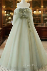 Light Green Off Shoulder Tulle Long Evening Prom Dresses A-Line Green Party Dresses