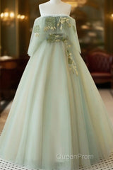 Light Green Scoop Off Shoulder A-Line Tulle Evening Prom Dresses, Light Green Evening Dresses