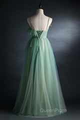Light Green Straps Tulle Floor Length A-Line Evening Prom Dresses, Tulle Scoop Party Dresses Formal Dresses