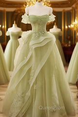 Light Green Sweetheart Beaded Off Shoulder Party Dresses, Light Green Tulle Evening Prom Dresses