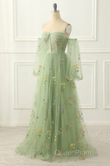 Light Green Tulle Floral Sleeves Long Party Dresses, A-Line Light Green Evening Prom Dresses
