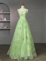 Light Green Tulle Floral Straps Long Evening Dresses, Light Green Evening Prom Dresses