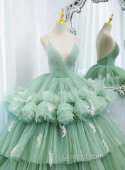 Light Green Tulle Layers Low Back Evening Prom Dresses, Light Green Sweet 16 Dresses