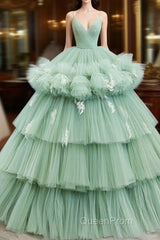 Light Green Tulle Layers Low Back Evening Prom Dresses, Light Green Sweet 16 Dresses