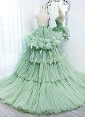 Light Green Tulle Layers Low Back Evening Prom Dresses Sweet 16 Dresses Quinceanera Dresses