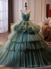 Light Green Tulle Spaghetti Straps Tiers Quinceanera Dress