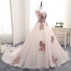 Light Pink Ball Gown Quinceanera Dresses With Flowers Embroidery, Pink Tulle And Organza Party Dresses