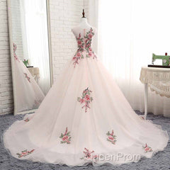 Light Pink Ball Gown Quinceanera Dresses With Flowers Embroidery, Pink Tulle And Organza Party Dresses