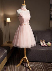 Light Pink Halter Tulle And Lace Lovely Knee Length Formal Dresses, Cute Party Dresses, Pink Evening Prom Dresses