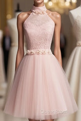 Light Pink Halter Tulle And Lace Lovely Knee Length Formal Dresses, Cute Party Dresses, Pink Evening Prom Dresses