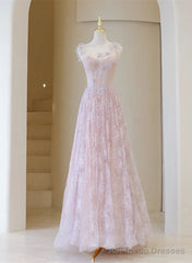 Light Pink Round Neckline Lace Long Prom Dress, A-line Pink Floor Length Party Dress