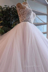 Light Pink Tulle Lace Long Evening Prom Dresses, Wedding Dresses