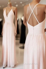 Light Pink V Neck Chiffon Long Evening Prom Dresses, Pink Evening Dresses