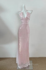 Light Pink V Neck Sheath Sequined Evening Prom Dresses Birthday Dresses