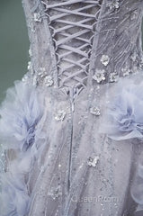 Light Purple A-Line Off-The-Shoulder Tulle Sequin Long Evening Prom Dresses, Sweet Appliqu Beaded Evening Dresses