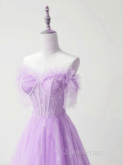 Light Purple A-Line Sweetheart Tulle Formal Dresses, Light Purple Long Evening Prom Dresses