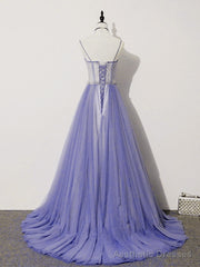 Light Purple Lace Top and Tulle A-line Straps Evening Dress Formal Dress, Purple Prom Dress