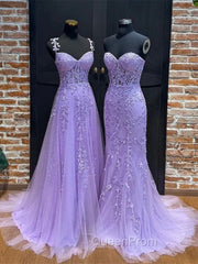 Light Purple Sweetheart Lace Long Evening Gown, Purple Lace Evening Prom Dresses