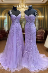 Light Purple Sweetheart Lace Long Evening Gown, Purple Lace Evening Prom Dresses