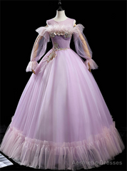 Light Purple Tulle Long Sleeve Appliques Pleats Feather Quinceanera Dress