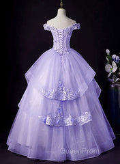 Light Purple Tulle With Lace Off Shoulder Sweet 16 Dresses, Light Purple Formal Dresses