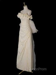 Light Yellow A-Line Satin Off-Shoulder Tulle Long Evening Prom Dresses Graduation Evening Prom Dresses Wedding Dresses