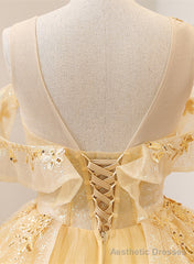 Light Yellow Tulle with Beadings and Lace Party Dress, Yellow Tulle Prom Dress