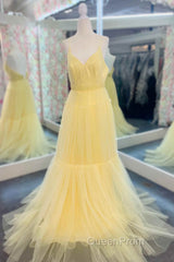 Light Yellow V-Neck Tulle A-Line Long Evening Prom Dresses