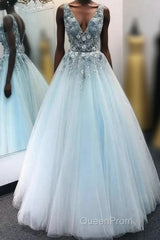 A Line V Neck Tulle Long Evening Prom Dresses with Flowers, Sleeveless Party Dresses