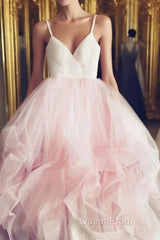 Light Pink Spaghetti Straps Tulle Long Evening Prom Formal Dresses, Puffy Party Dresses